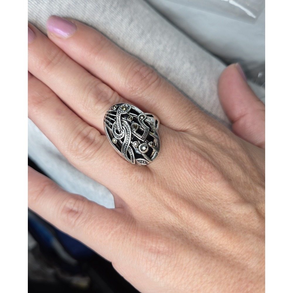 Large Oval Silver Tone And Marcasite Ring. Ornate. Musical Notes. Unique....